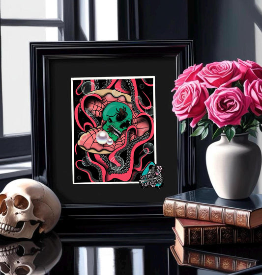 Gothic Sea Skull Art Print – Spider Skull in Shell with Tentacles & Pearls
