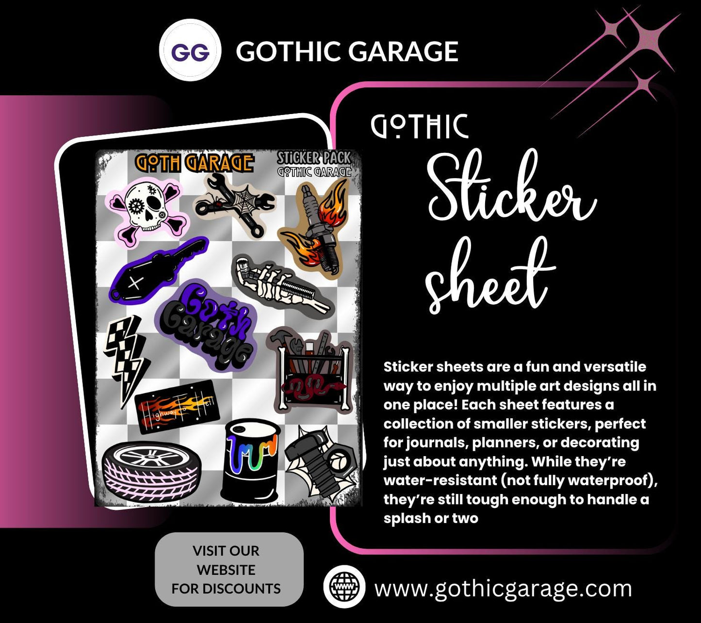 Goth Garage Sticker Sheet – Hot Rods, Hellfire & Hardcore Aesthetic