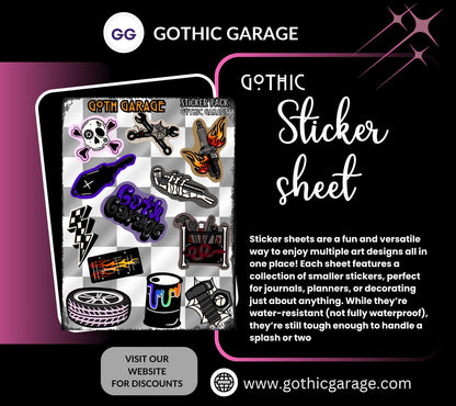 Goth Garage Sticker Sheet – Hot Rods, Hellfire & Hardcore Aesthetic