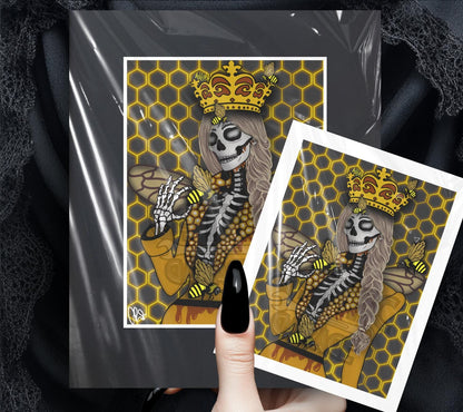 Gothic Queen Bee Skeleton Art Print – Honeycomb Crowned Undead Bee Goddess
