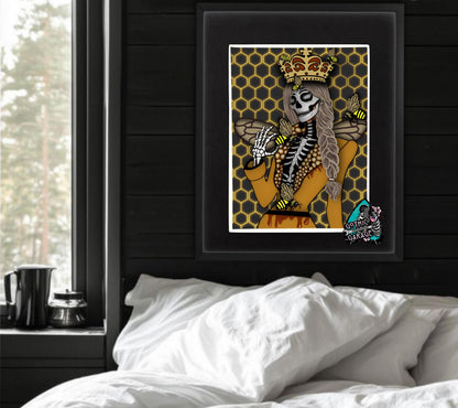 Gothic Queen Bee Skeleton Art Print – Honeycomb Crowned Undead Bee Goddess