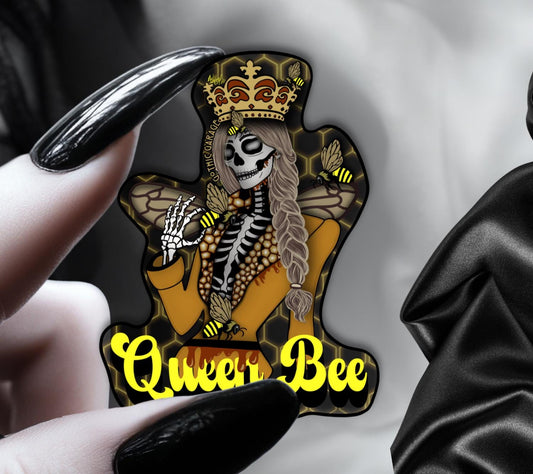 Gothic Queen Bee Skeleton Die Cut Waterproof Sticker— Goth royalty with a Sweet and Savage Side