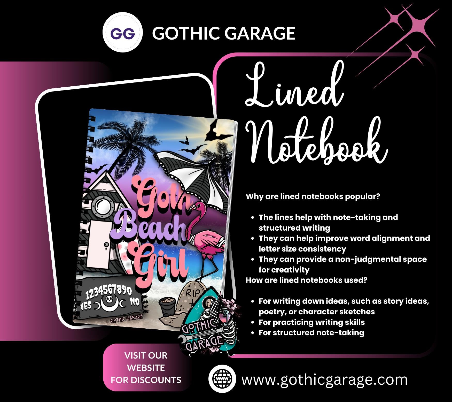 Goth Beach Girl Notebook– Hand Drawn Dark Paradise – 160 Lined Pages for Daily Tasks and Notes