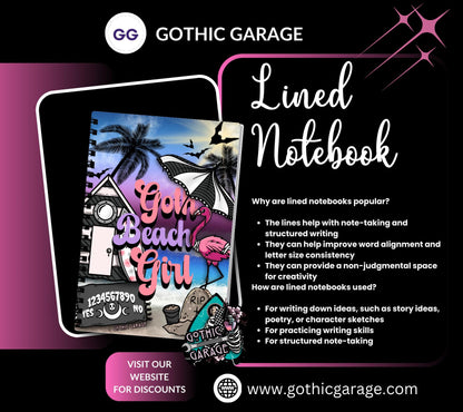 Goth Beach Girl Notebook– Hand Drawn Dark Paradise – 160 Lined Pages for Daily Tasks and Notes
