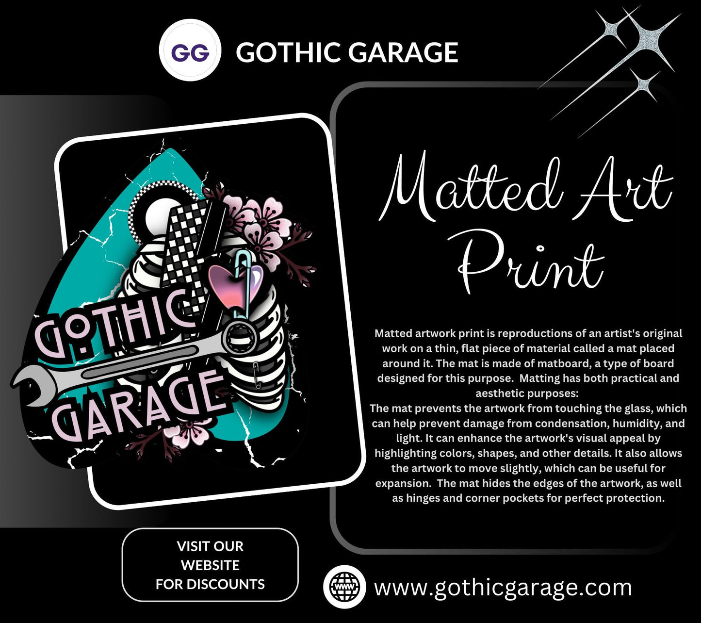 Rebel Heart Gothic Art Print – Punk Skeleton Hand with Rose, 8x6 or 11x14 Matted