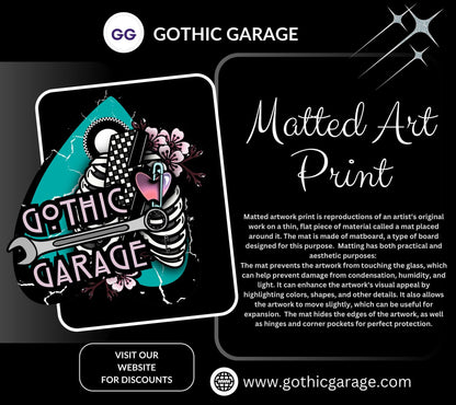 Rebel Heart Gothic Art Print – Punk Skeleton Hand with Rose, 8x6 or 11x14 Matted