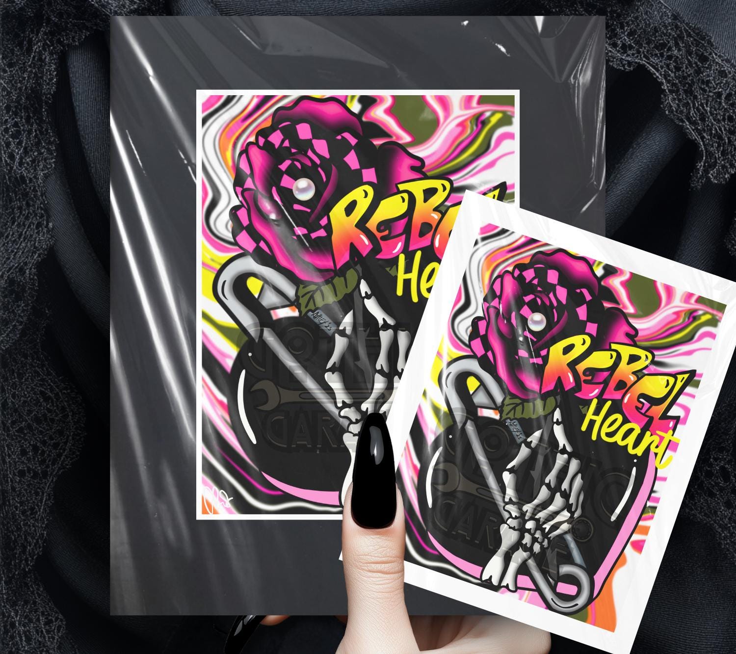 Rebel Heart Gothic Art Print – Punk Skeleton Hand with Rose, 8x6 or 11x14 Matted