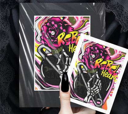 Rebel Heart Gothic Art Print – Punk Skeleton Hand with Rose, 8x6 or 11x14 Matted