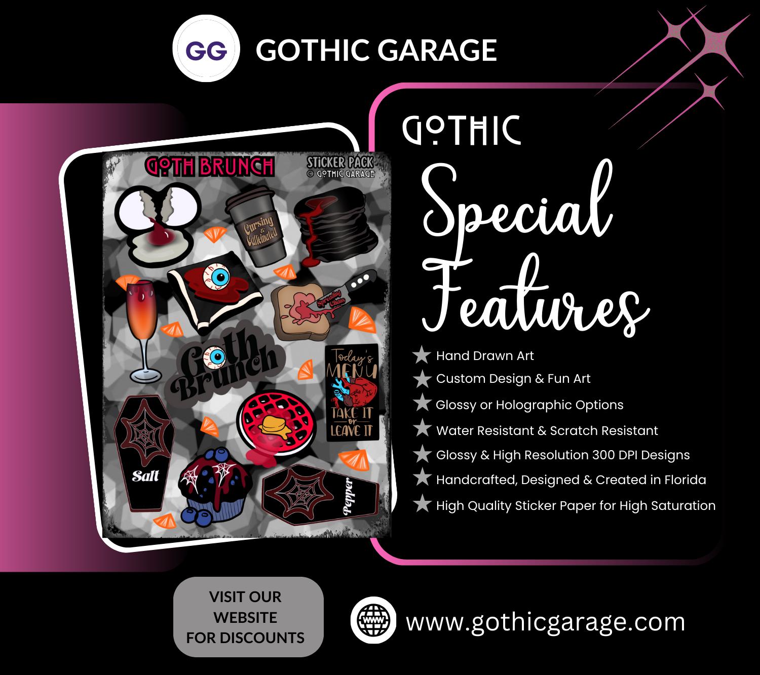 Goth Brunch Sticker Sheet – Caffeine, Chaos & Creepy Cuisine