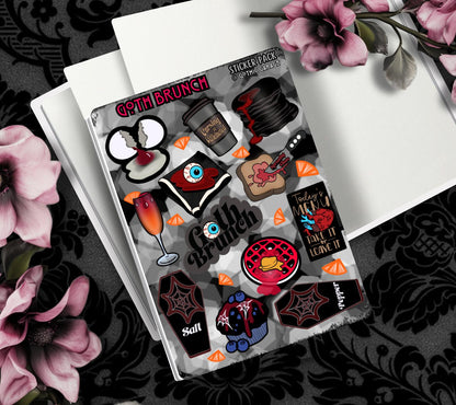 Goth Brunch Sticker Sheet – Caffeine, Chaos & Creepy Cuisine