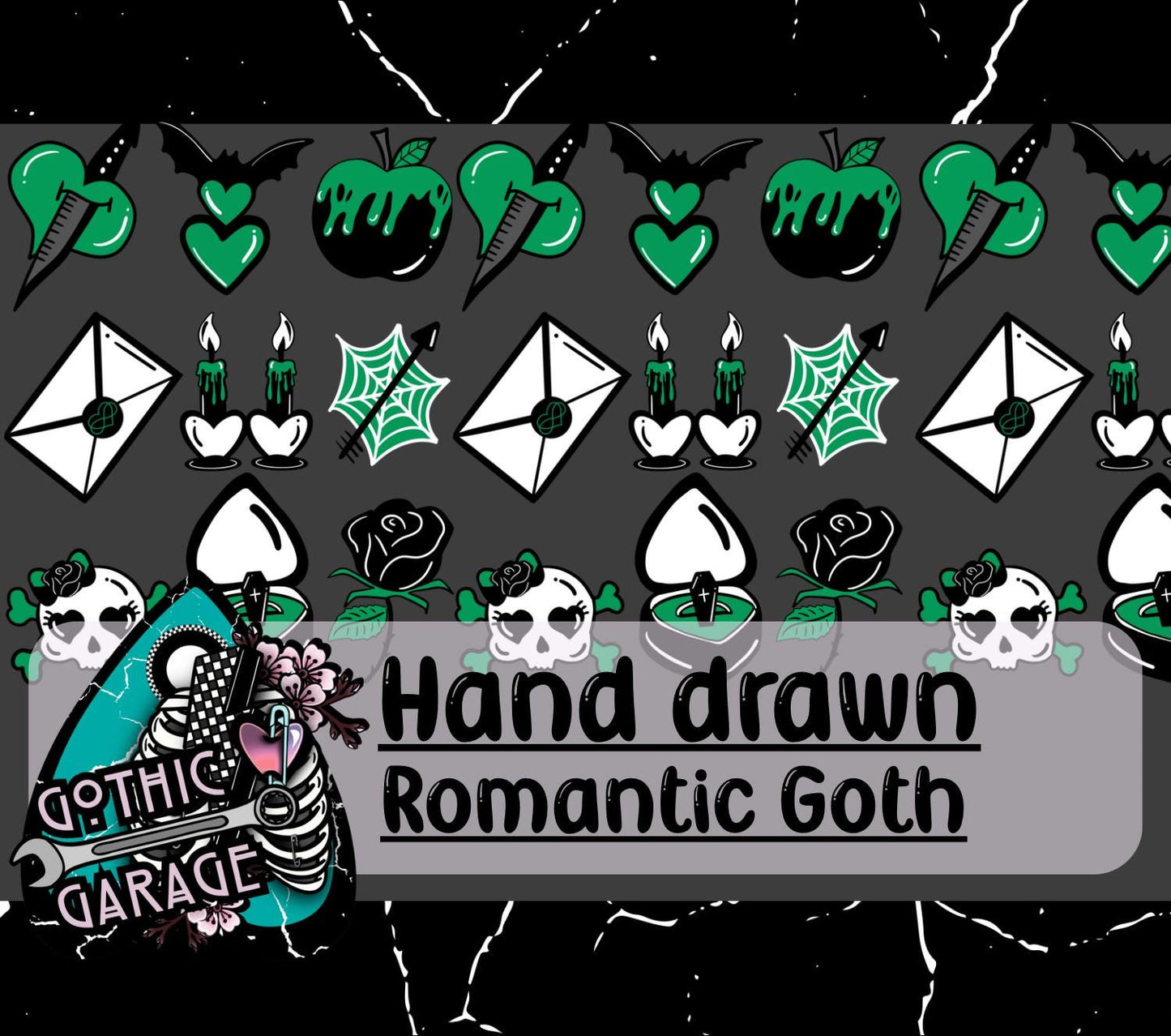 Romantic Goth Clipart Pack – 9 Green & Black Spooky Love Designs for Stickers, Crafts and Printing
