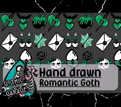 Romantic Goth Clipart Pack – 9 Green & Black Spooky Love Designs for Stickers, Crafts and Printing