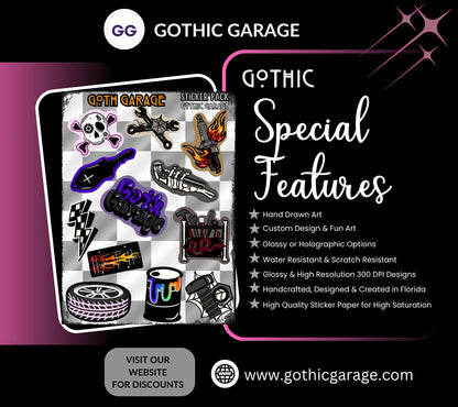 Goth Garage Sticker Sheet – Hot Rods, Hellfire & Hardcore Aesthetic