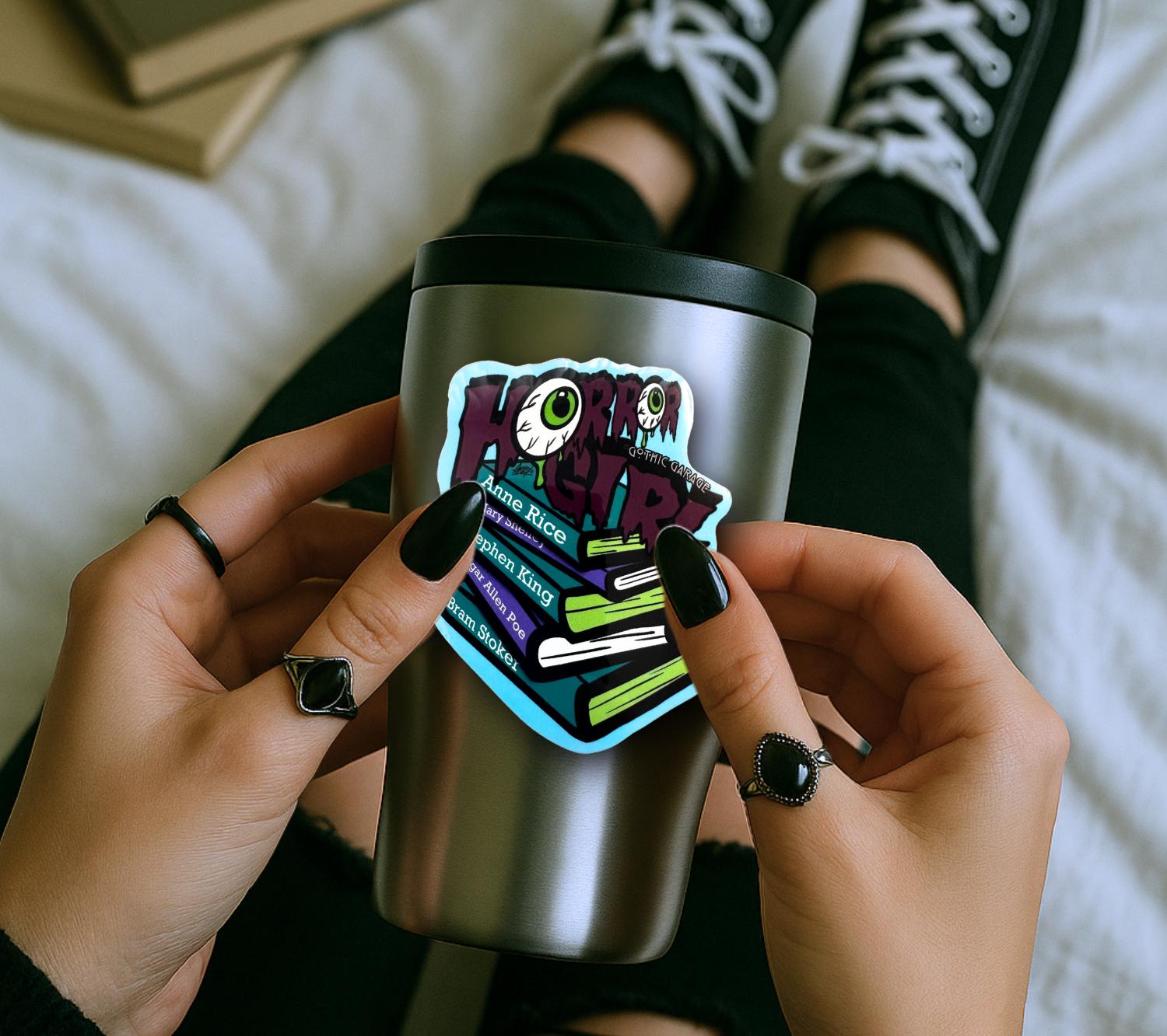 Horror Girl Book Lover Die Cut Waterproof Sticker—Because spooky gals read classics and creep it real!