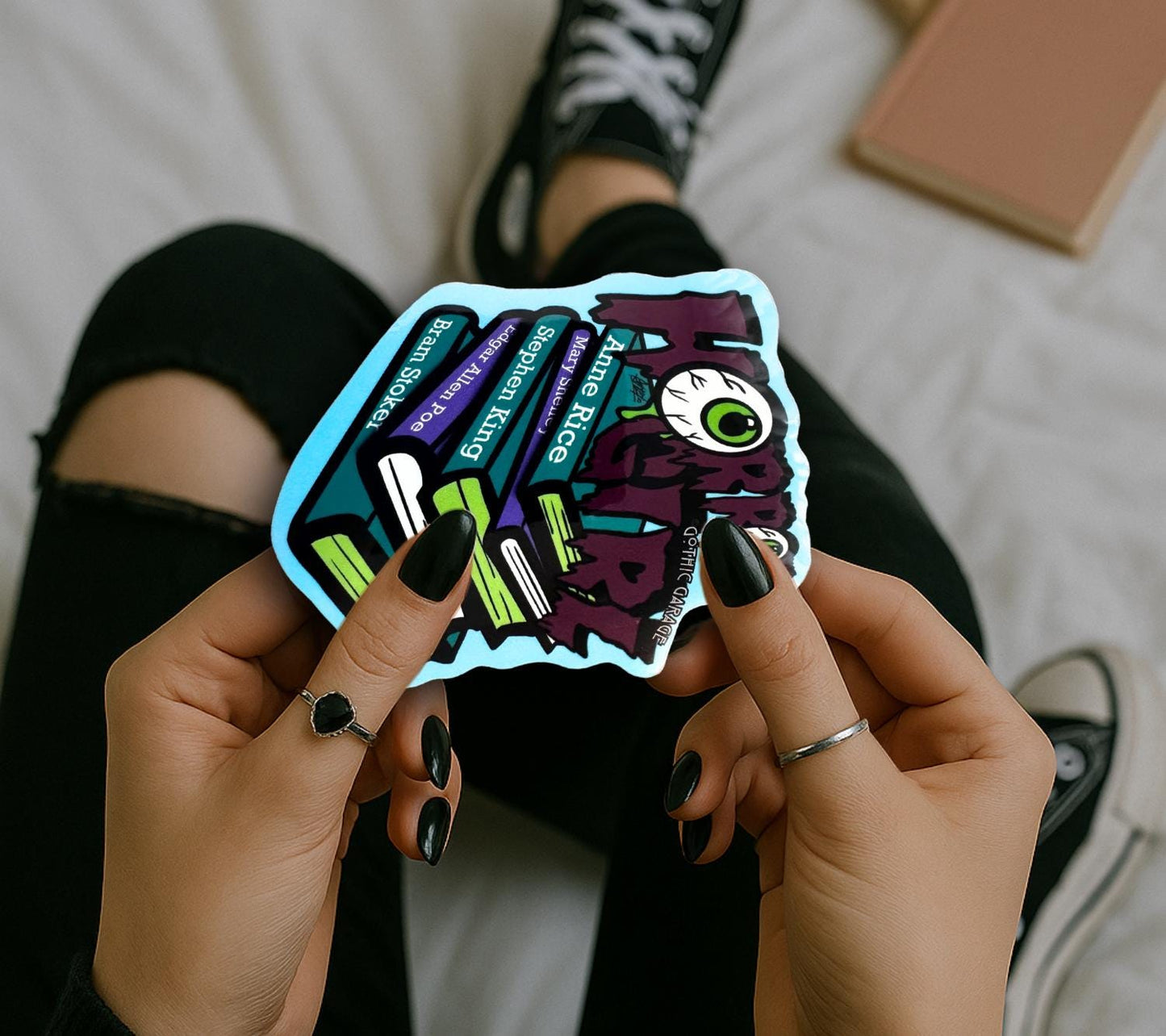 Horror Girl Book Lover Die Cut Waterproof Sticker—Because spooky gals read classics and creep it real!