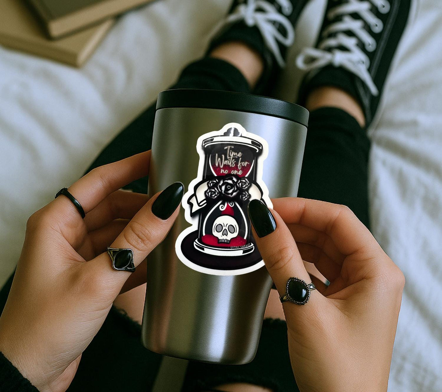 Skull Hourglass Sticker: Gothic Waterproof Die Cut, Glossy or Holographic