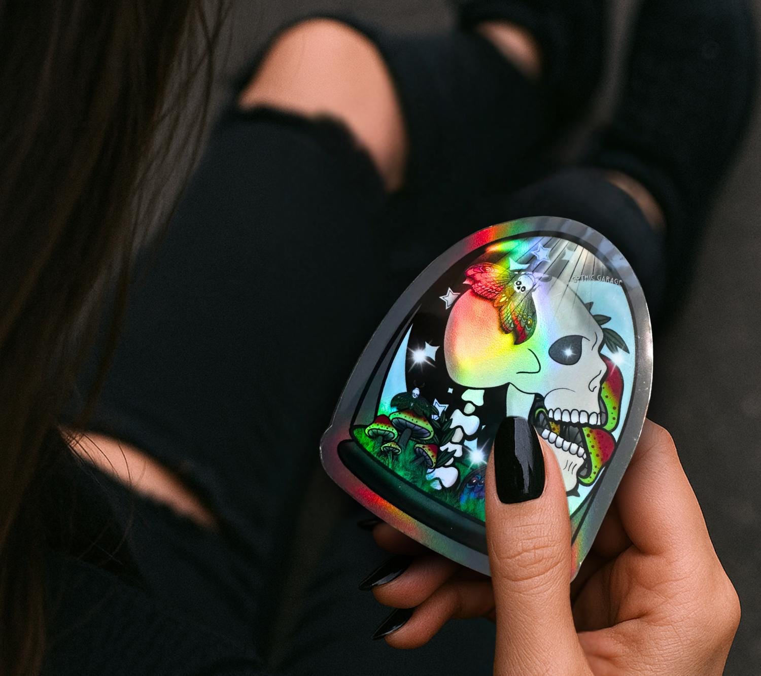 Gothic Skull Terrarium Sticker: Waterproof Oddities Art, Glossy or Holographic