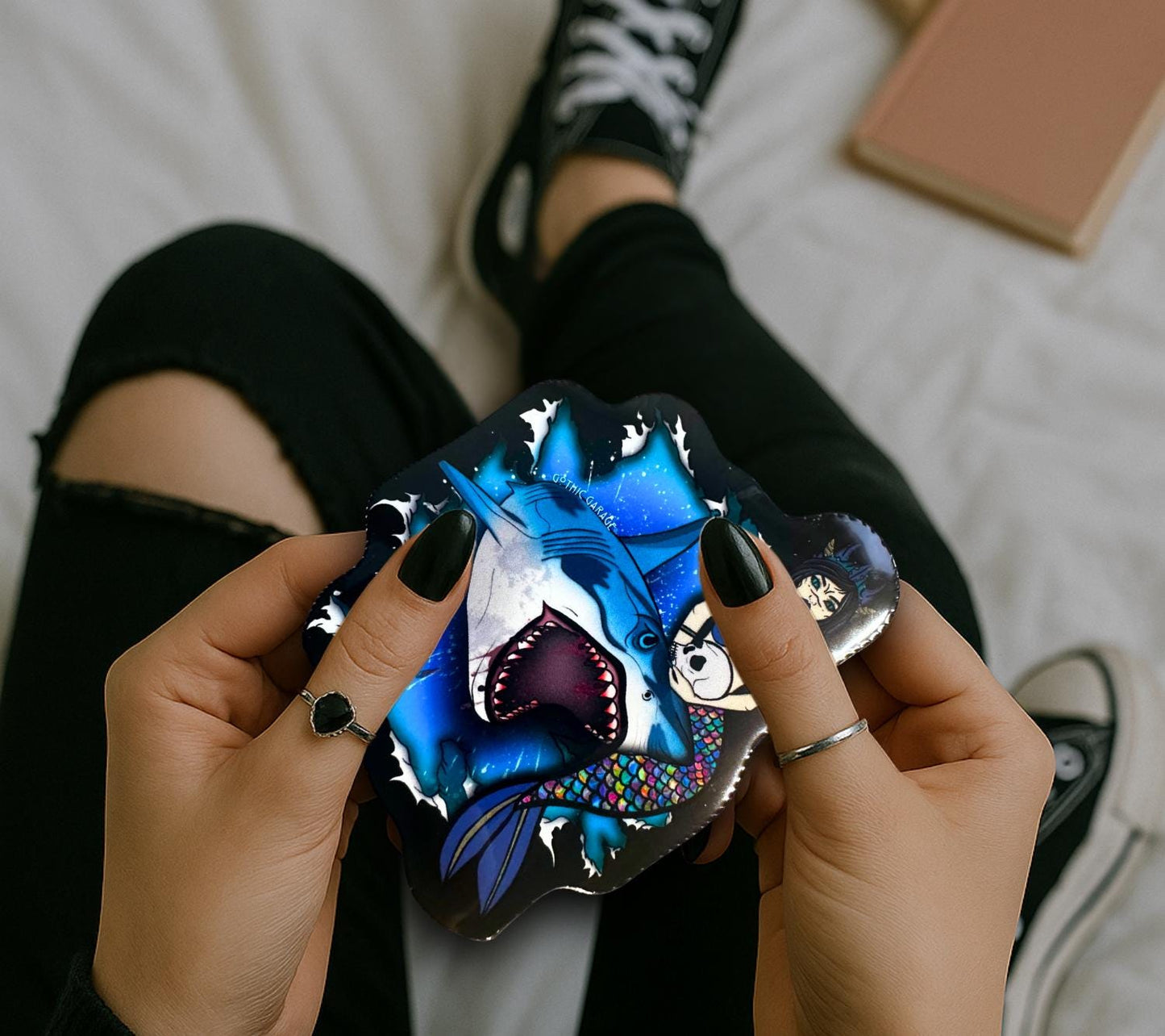 Gothic Siren & Shark Sticker: Waterproof Horror Decal