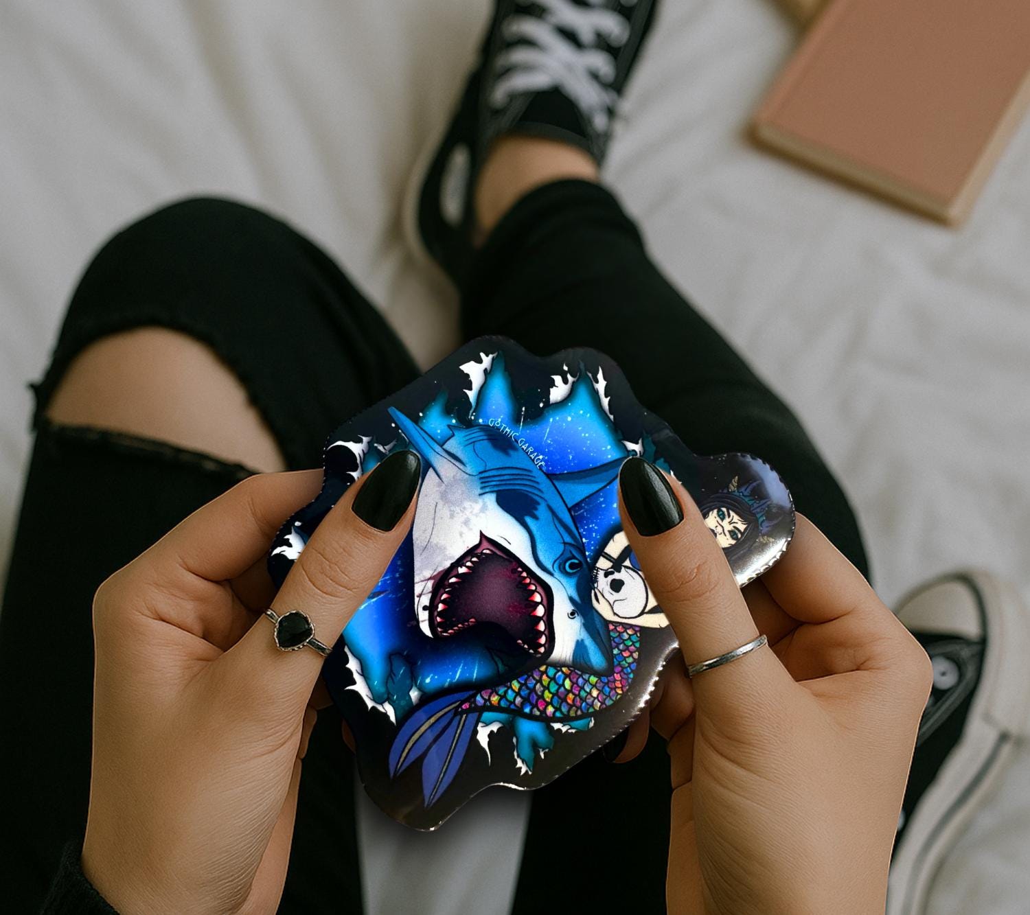 Gothic Siren & Shark Sticker: Waterproof Horror Decal