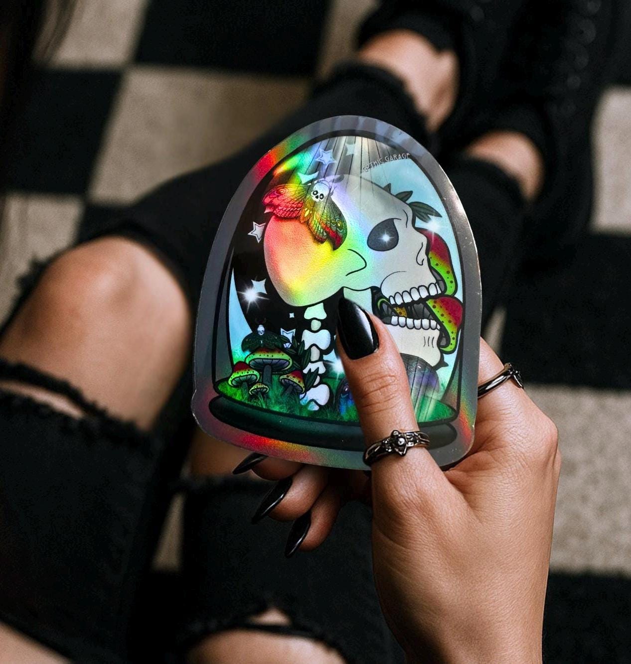 Gothic Skull Terrarium Sticker: Waterproof Oddities Art, Glossy or Holographic
