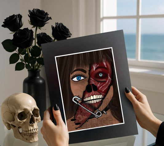 Gothic Horror Art Print – Split Face Girl with Safety Pin Mouth, Creepy Anatomical Wall Decor, Dark Feminine Macabre Artwork