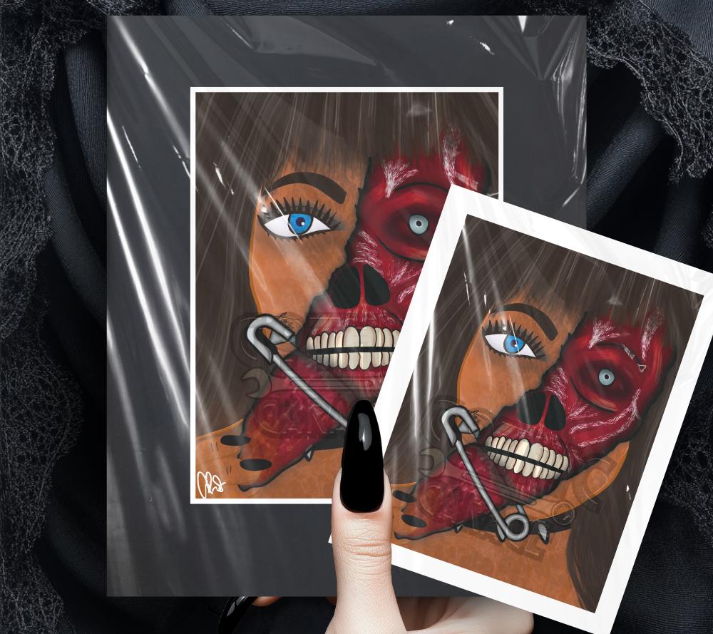 Gothic Horror Art Print – Split Face Girl with Safety Pin Mouth, Creepy Anatomical Wall Decor, Dark Feminine Macabre Artwork