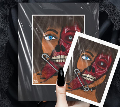 Gothic Horror Art Print – Split Face Girl with Safety Pin Mouth, Creepy Anatomical Wall Decor, Dark Feminine Macabre Artwork