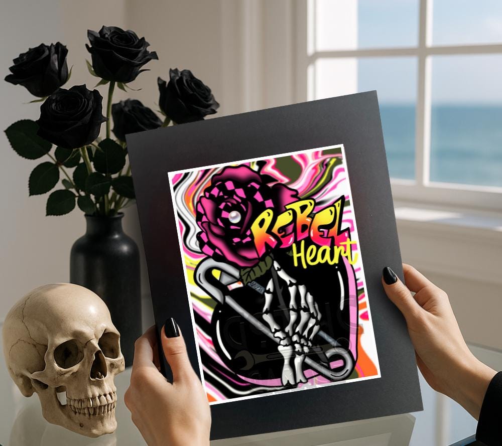 Rebel Heart Gothic Art Print – Punk Skeleton Hand with Rose, 8x6 or 11x14 Matted