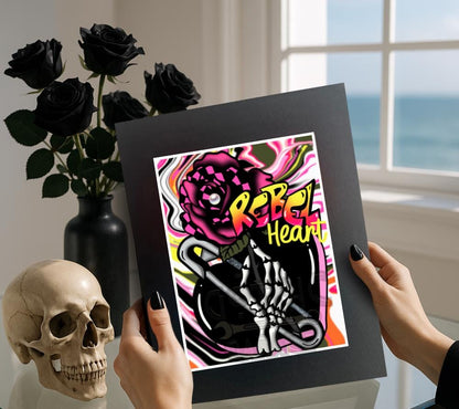 Rebel Heart Gothic Art Print – Punk Skeleton Hand with Rose, 8x6 or 11x14 Matted