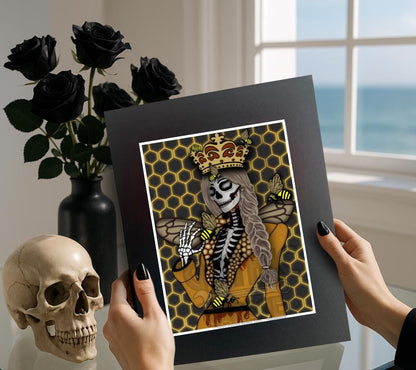 Gothic Queen Bee Skeleton Art Print – Honeycomb Crowned Undead Bee Goddess