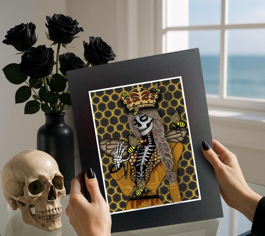 Gothic Queen Bee Skeleton Art Print – Honeycomb Crowned Undead Bee Goddess