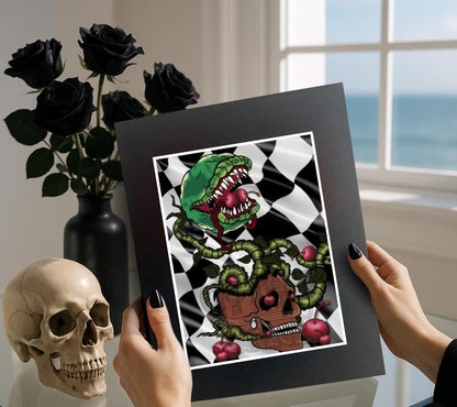 Horror Venus Fly Trap Cherry Skull Art Print – Gothic Horror Wall Decor, 8×6 or 11×14 Matted