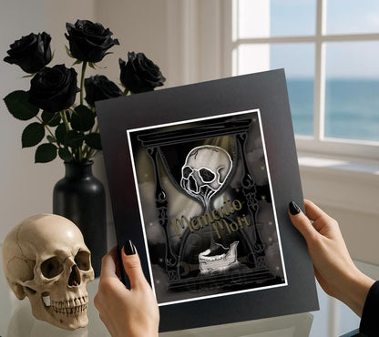 Memento Mori Hourglass Art Print – Skull Sand Timer Wall Decor, 8×6 or 11×14 Matted