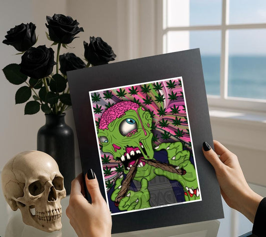 Zombie Stoner Wall Art – Trippy Weed Print with Brain-Eating Blunt Fiend