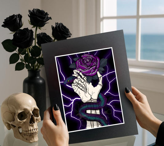 Purple Rose & Serpent Gothic Art Print – Dark Floral Snake Skeleton Wall Decor