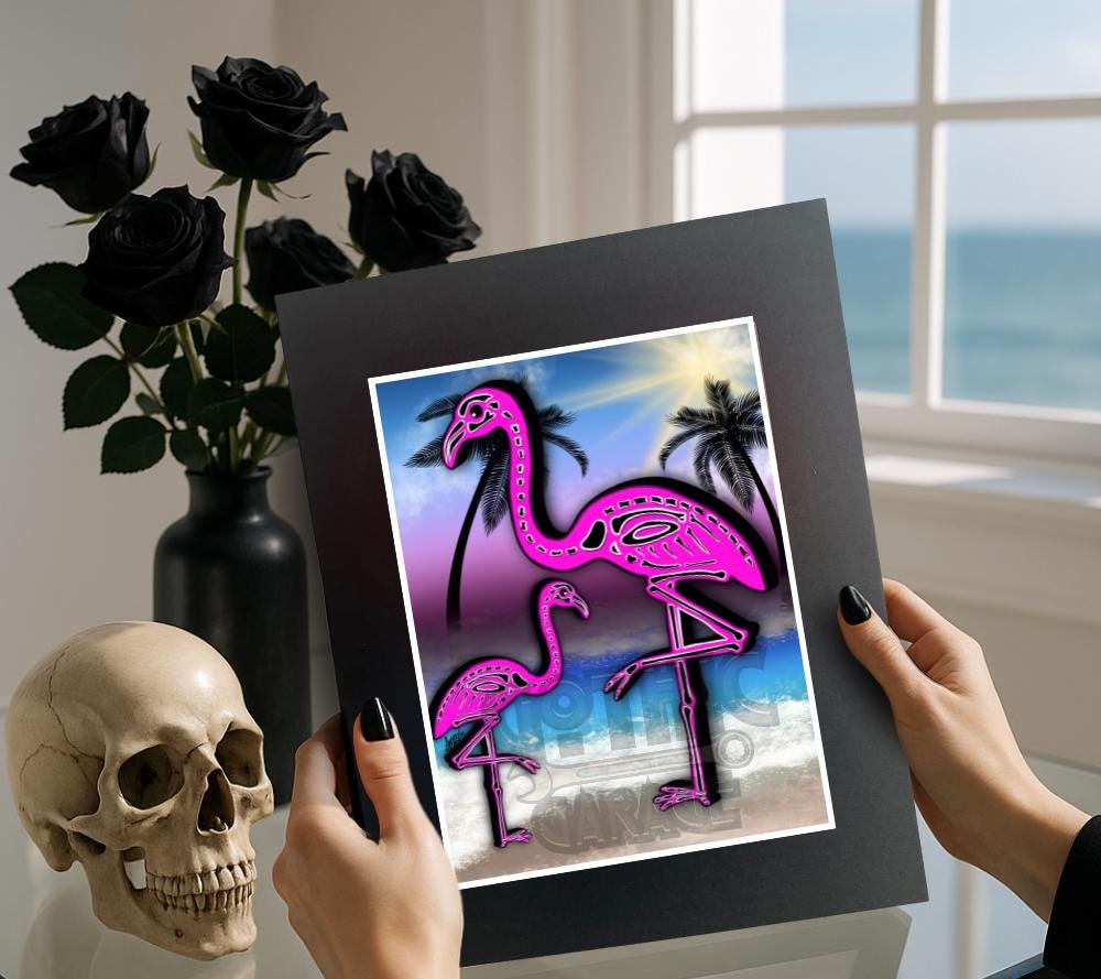 Flamingo Skeletons Art Print – Dark Gothic Ocean Vibes, Spooky Coastal Art, 11x14 Matted or Frameable 8x10 Design
