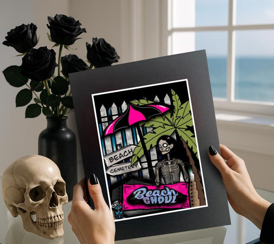 Skeleton Beach Ghoul - Matted Gothic Art Print, Dark Fantasy Wall Art 11x14 Handcrafted in Florida