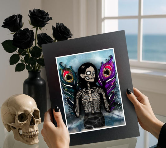 Skeleton Peacock Angel Art Print – Gothic Wall Decor for Dark Homes, Macabre Angel Fantasy Artwork, Matted & Ready to Display
