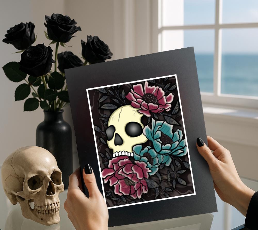 Vintage Floral Skull Art Print – Gothic Botanical Wall Decor, 8x6 or 11x14 Matted