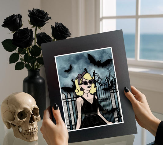 Gothic Rockabilly Female Art Print – Vintage Pin-up Vibes, Perfect Art For Horror Fans, 11x14 Matted or Frameable 8x10 Design