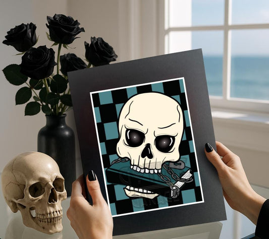 Gothic Skull & Chained Book Art Print – Alt Pop Art for Book Lovers, Perfect For Goth Loft Decor, Various Hanging Options Available