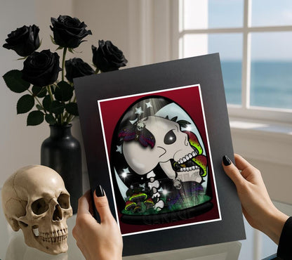 Human Skull Terrarium Art Print – Mushrooms & Moth Dome Decor, 8×6 or 11×14 Matted