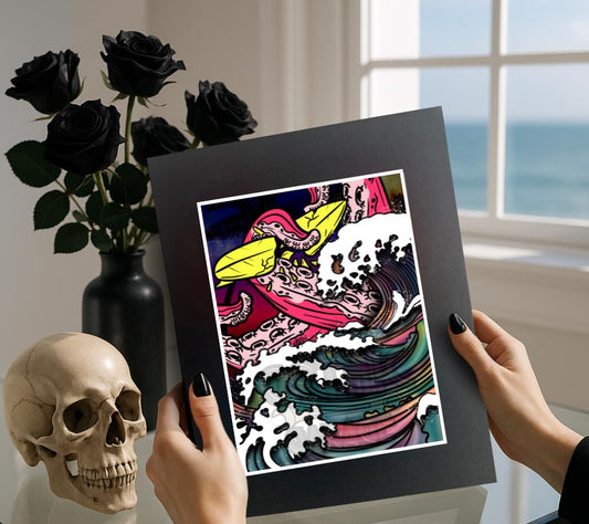 Gothic Surreal Coastal Art Print – Octopus Wave Pop Art, Perfect For Goths or Beach Decor, Various Hanging Options Available