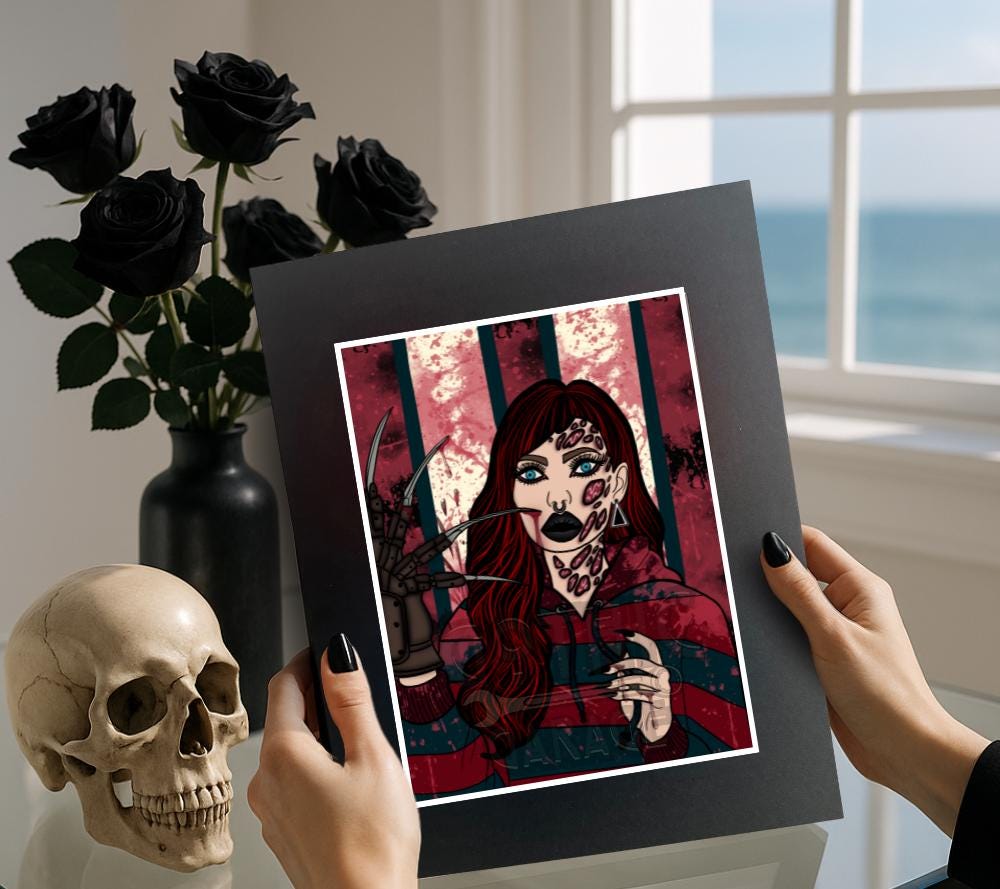 Retro Female Horror Villain Art Print – Gothic Slasher Girl Wall Art, 8x6 or 11x14