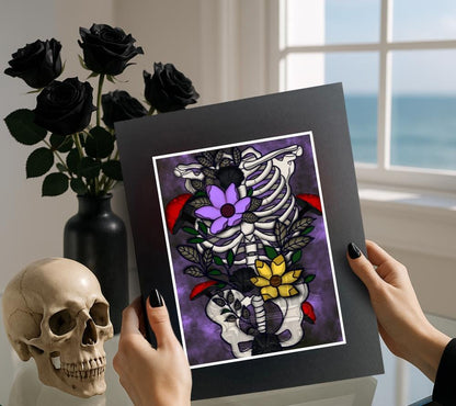 Floral Skeleton Art Print – Gothic Botanical Decor, Dark Anatomy Wall Art, 8x6 or 11x14