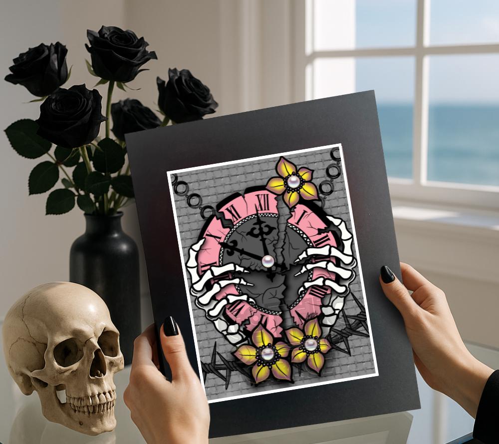 Gothic Skeleton Clock Art Print – Broken Time with Barbed Wire & Pearls