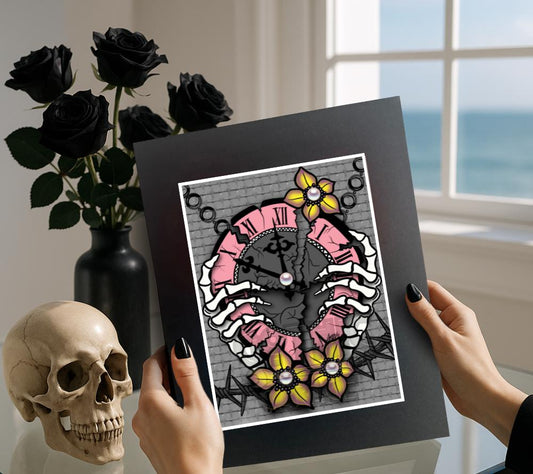 Gothic Skeleton Clock Art Print – Broken Time with Barbed Wire & Pearls