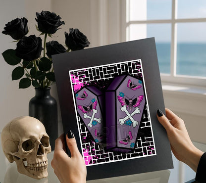 Gothic Deathhead Skull Moth Coffin Art Print – 11x14 Matted, Graffiti Brick Wall Design, Hand-Drawn & Signed Artwork
