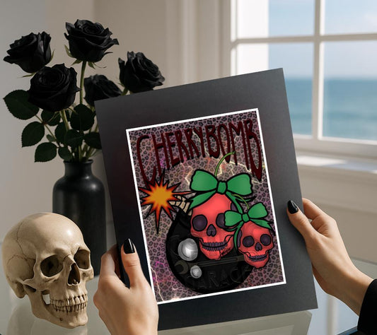 Gothic Skull Cherry Bomb Art Print – 11x14 Matted, Leopard Print & ‘Cherrybomb’ Mantra, Hand-Drawn, Signed Artwork