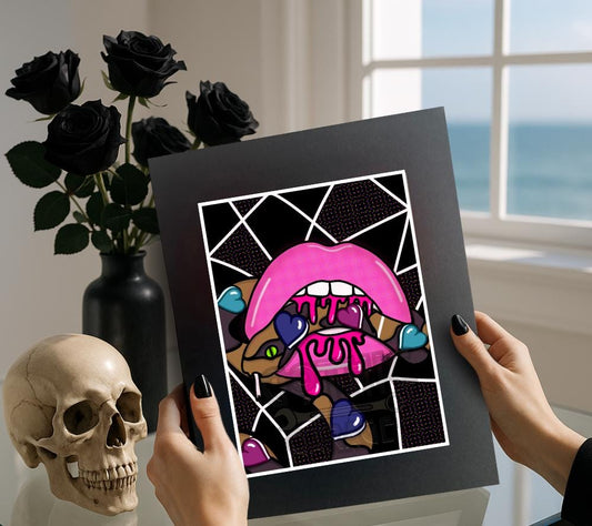 Gothic Valentine’s Day Art Print – Skulls, Conversation Hearts & Roses, 11x14 Matted, Romantic Dark Aesthetic Home Decor